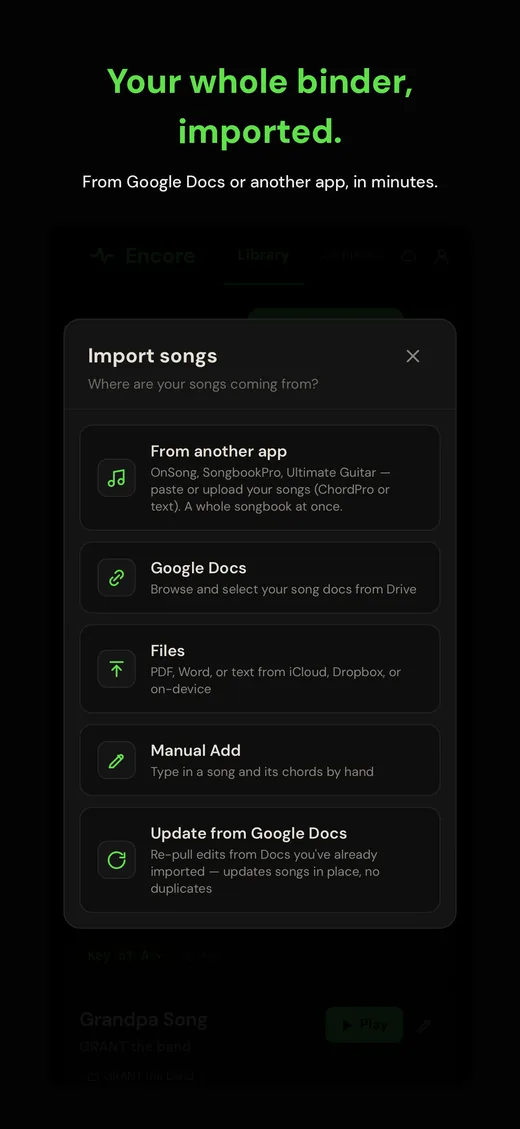 Encore import screen pulling songs from Google Docs
