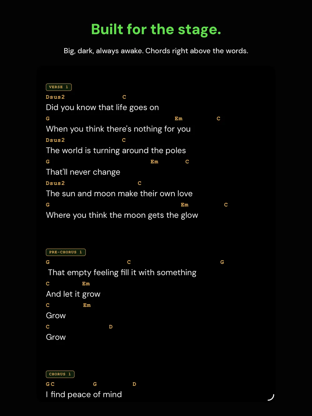 Encore performance mode on iPad showing chords above lyrics