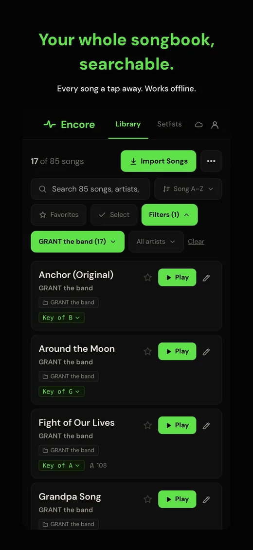 Encore song library with search and key labels