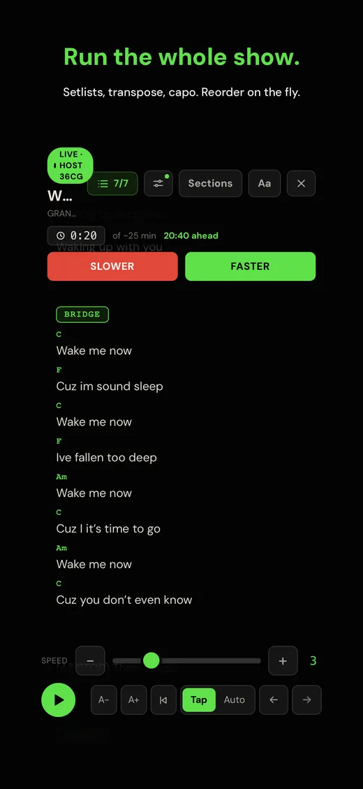 Encore setlist with drag-to-reorder and host-live controls