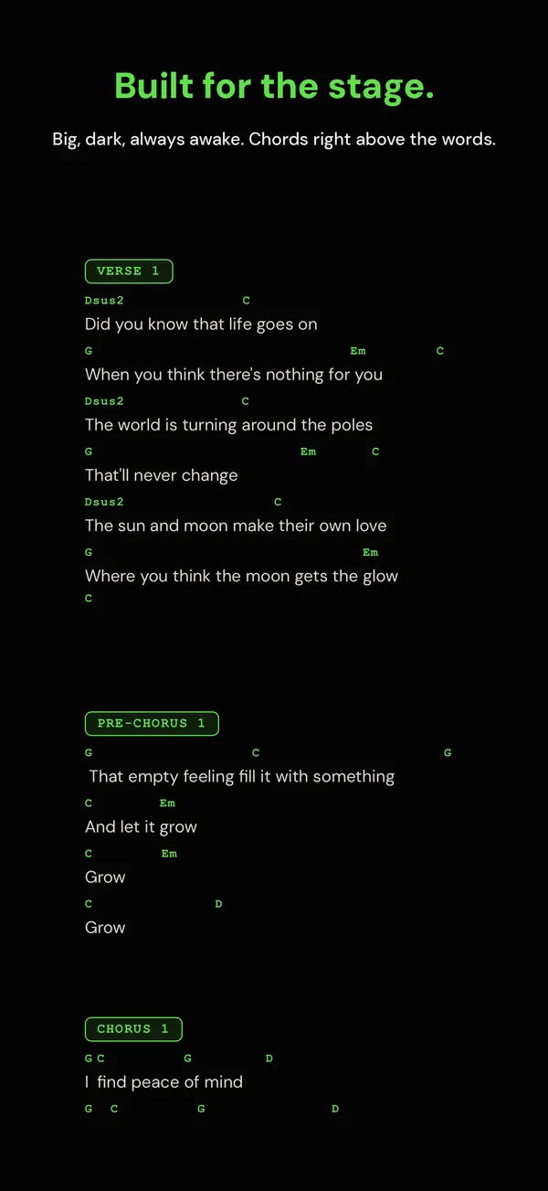 Encore performance mode — chords rendered above the lyrics in a dark, stage-ready view