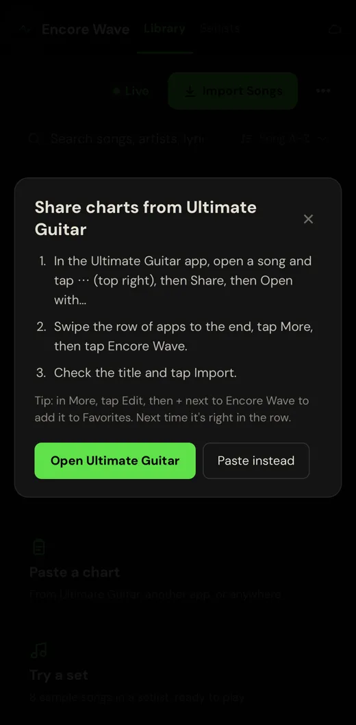 The same steps inside Encore Wave: Import Songs, then From Ultimate Guitar