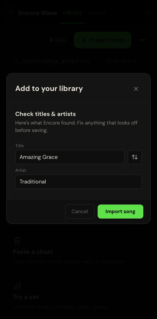 Encore Wave's Add to your library screen with the song's title and artist filled in, ready to import